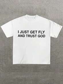 Retro I Just Get Fly And Trust God Typography Print Graphic Tee,Casual Print,Comfortable And Versatile,Cotton 220g Printed-Shirt,Unisex Style - 白色 3 - 查看 1