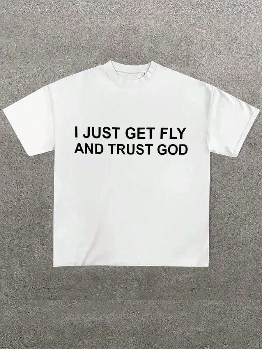 Retro I Just Get Fly And Trust God Typography Print Graphic Tee,Casual Print,Comfortable And Versatile,Cotton 220g Printed-Shirt,Unisex Style - 白色 3 - 查看 1