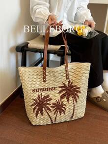 草编手提包，大容量休闲女士单肩包，适合海滩度假 - 米色 - 查看 5