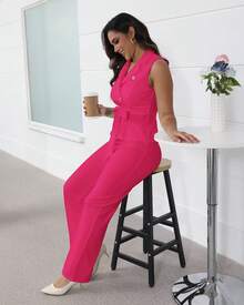 CALEBGAR Women's Business Suit 2 Piece Set, V Neck Sleeveless Belted Vest & Straight Leg Pants, Office Workwear Outfit - 玫紅色 - 查看 5