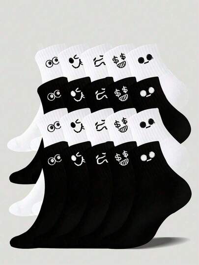 10 Pairs Unisex Cartoon Pattern Sports Socks, Mid-Calf, Suitable For Couples, Holiday Gifts, Spring/Summer/Autumn