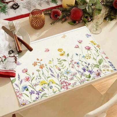 4/6pcs Spring & Summer Floral Linen Placemats, 30 X 45 Cm Seasonal Floral & Botanical Decor Mats, Suitable For Farmhouse, Kitchen, Dining Room
