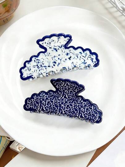 1pc Retro Elegant Acetate Wavy Floral Hair Claw Clip, Porcelain Texture Hair Claw Clip For Bun, Hair Claw Hair Accessory