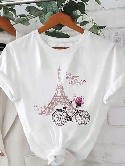 Camiseta Casual de Manga Corta con Cuello Redondo para Mujer, con Estampado de Flores, Torre Eiffel y Bicicleta, Camisetas Gráficas para Mujer