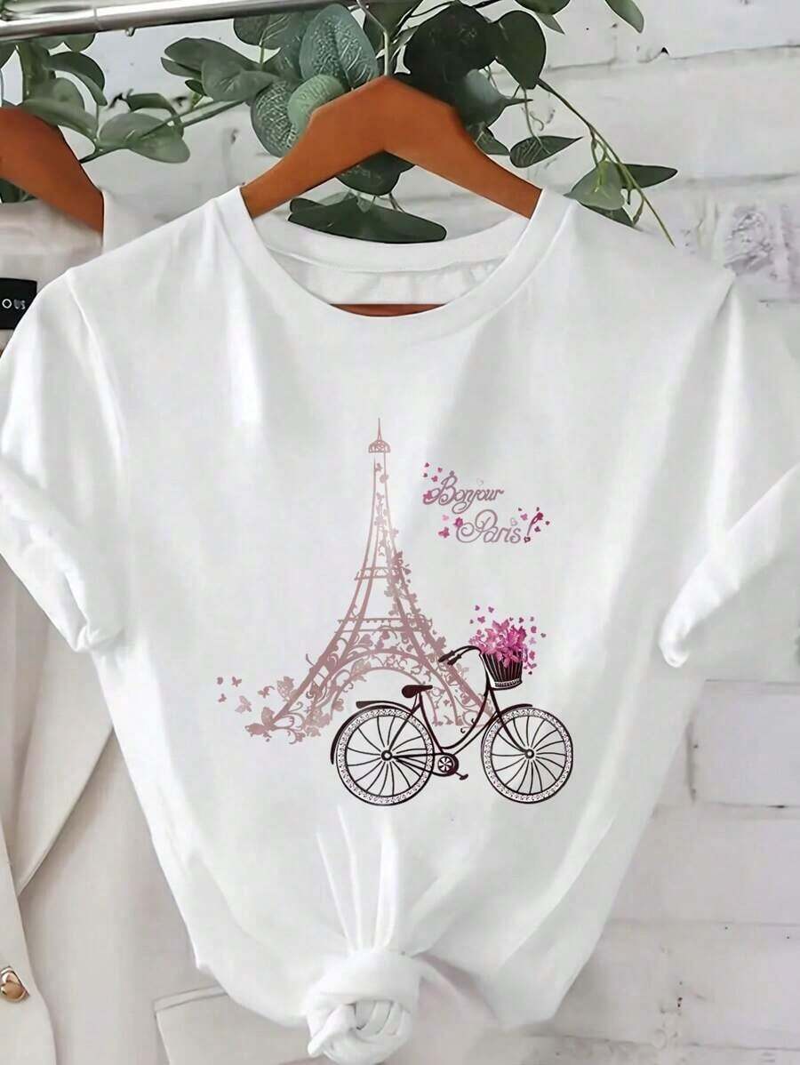 Camiseta de manga corta con cuello redondo para mujer, con estampado de flores, la Torre Eiffel y bicicleta, 2026. Camisetas gráficas, tops para mujer. - Blanco - Ver 1