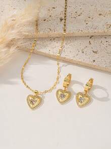 一套不锈钢心形首饰套装，创意设计，简约奢华复古优雅浪漫风格，经典时尚休闲，适合情人节、开斋节、节日、日常佩戴、派对、送礼（OPP袋包装盒仅供拍摄使用） - 金黃色 - 查看 5