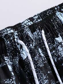 男士几何印花沙滩短裤，休闲日常穿着及度假之选 - 黑色 - 查看 6