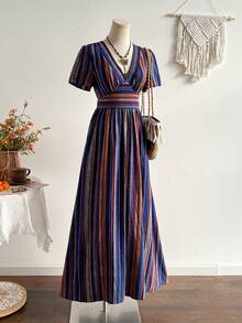 Rusttydustty 女士条纹复古波西米亚风收腰短袖连衣裙 - 藍色 - 查看 1