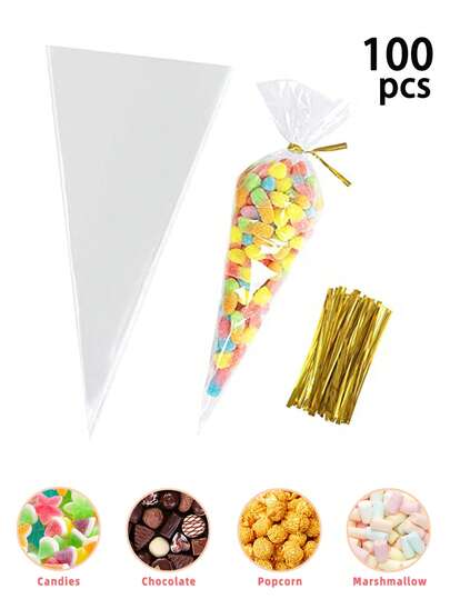100pcs Transparent Cone-Shaped Glass Paper Bags With Gold Tie Bands, Rectangular DIY Candy Bags, Plastic Triangle Bags, Suitable For Wedding Favors, Birthday Party Decorations, School Supplies, Food Packaging - Reusable And Durable, Great For Popcorn, Candy, Chocolate Cookies, Food Gifts, Bakery And Party Supplies