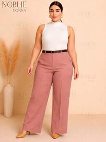 Plus Size Tailored Elegant Casual Wide-Leg Pants With Zipper And Button Closure And Belt - Cá hồi - Xem 4