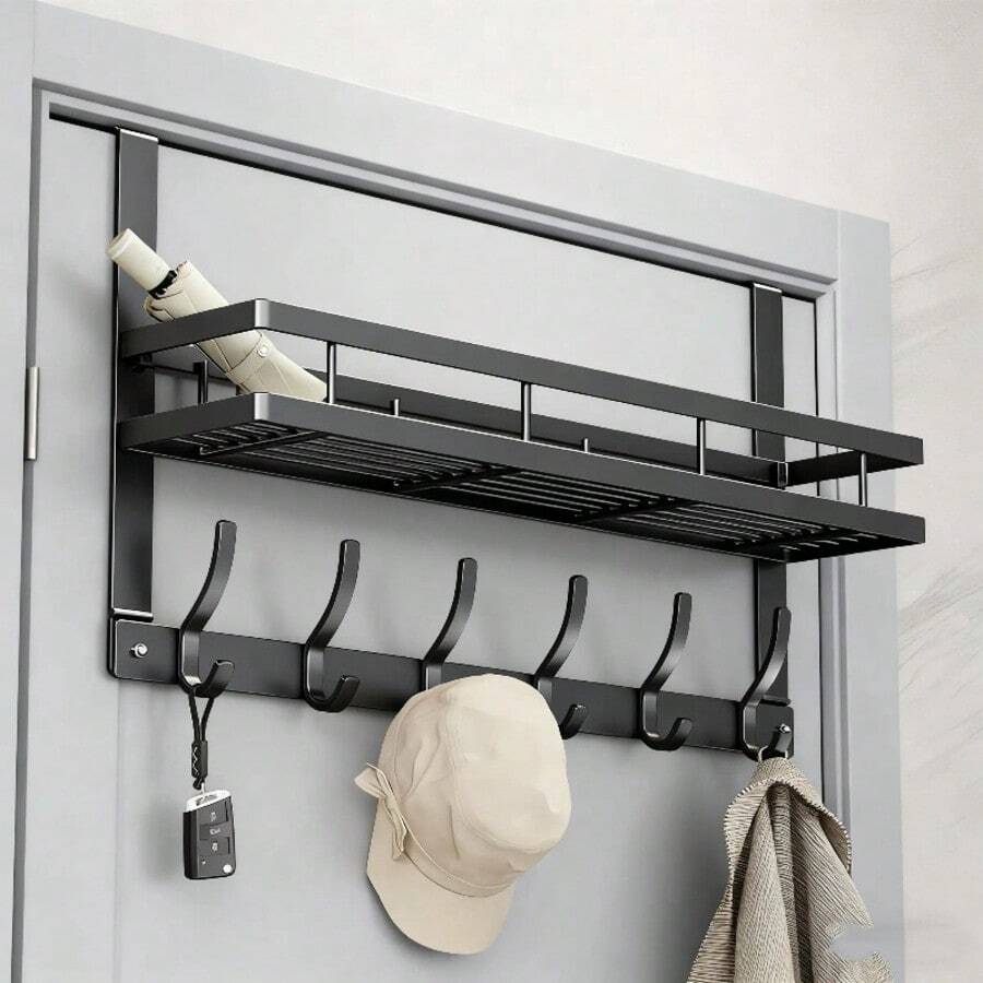 1pc Easy-To-Install Door Storage Rack With Tray, Multi-Functional Metal Hooks, Door Hooks, No-Drill, Wall-Mounted, Bedroom Clothes Rack, Entrance Door Rack, Door-Back Storage Rack, Suitable For Bedroom, Bathroom, And Kitchen Organization - Nhiều màu - Xem 1