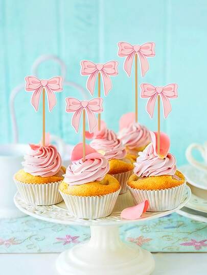 24个粉色蝴蝶结纸杯蛋糕装饰插牌，蝴蝶结纸杯蛋糕装饰，可爱蝴蝶结纸杯蛋糕签，蝴蝶结纸杯蛋糕拍照道具，非常适合单身派对、婚礼、生日、迎婴派对、粉色主题派对