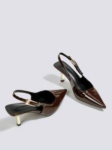 Women's Coffee Brown High Heel Sandals, Kitten Heel Party Dress Pumps, Wedding Formal Shoes, Slingback Pointed Toe Buckle Backless High Heel Pumps - Coffee Brown - View 4