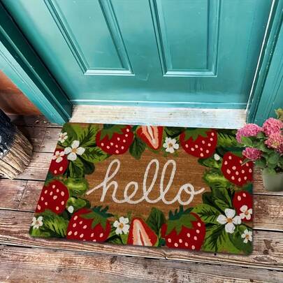1pc Strawberry Floral Welcome Mat With Hello Design - Non-Slip Machine Washable Fire-Resistant Door Mat, Rubber Backing & Non-Woven Fabric, For Kitchen Bathroom Entryway, Easter Mother's Day Home Decor Gift, Strawberry Bathroom Decor, Not Only Is Suitable For The Festival Of Non-Slip Floor Mats, But Also As A Housewarming Gift Wedding Gift To Friends And Family As Well As Their Own Home, Rectangular Entrance Carpet For Indoor/Outdoor Use, Non Slip Backing, Bathroom Mat, Interior Decorative Door Mat, Decorative Floor Mat For Porch/Garden/Terrace, Suitable For Homes, Gardens, And Living Spaces, Ideal Gift For Loved Ones, Enhances Entryway, Living Room, Kitchen Decor, Valentines, Christmas Day, Halloween, Thanksgiving Day, Easter Day, Mother's Day, Father's Day, Back To School Season Decorations