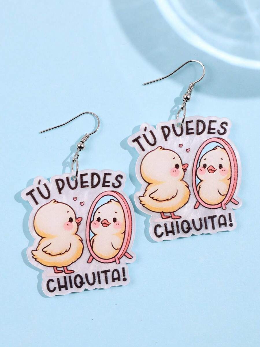 1 Đôi bông tai hình chú vịt dễ thương và thời trang "TÚ PUEDES CHIQUITA!" (Bạn có thể là một chú vịt nhỏ!) đang soi gương, làm quà tặng trang sức đa năng cho phụ nữ. - Nhiều màu - Xem 1