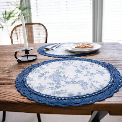1/2/4/6pcs French Blue Rose Print Lace Edge Hollow Design Round Placemats, High-End Heatproof Mats For Family Gathering, Dinner Party, Restaurant Decor, Photography Backdrop, Couples