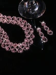 2pcs/Set Women's Party/Wedding Crystal Decor Necklace, Pendant And Earrings Set - Suitable For Daily Wear, Wedding, Party And Other Occasions - Baby Pink - View 4