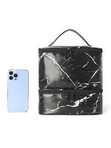 大容量多功能便携化妆包，耐用旅行化妆品收纳袋，时尚PU皮革化妆包，送给女性、妈妈、女孩的礼物，适合存放指甲油、化妆品、宿舍用品等。 - 黑與白 - 查看 3