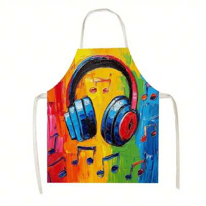 1pc Apron With Colorful Headphone Oil - Painting Pattern, Apron, Suitable For Kitchen, Living Room, Dining - Room, Hotel, Outdoor Barbecue And Other Scenarios, Made Of 100% Polyester, Machine - Washable, Large - Size