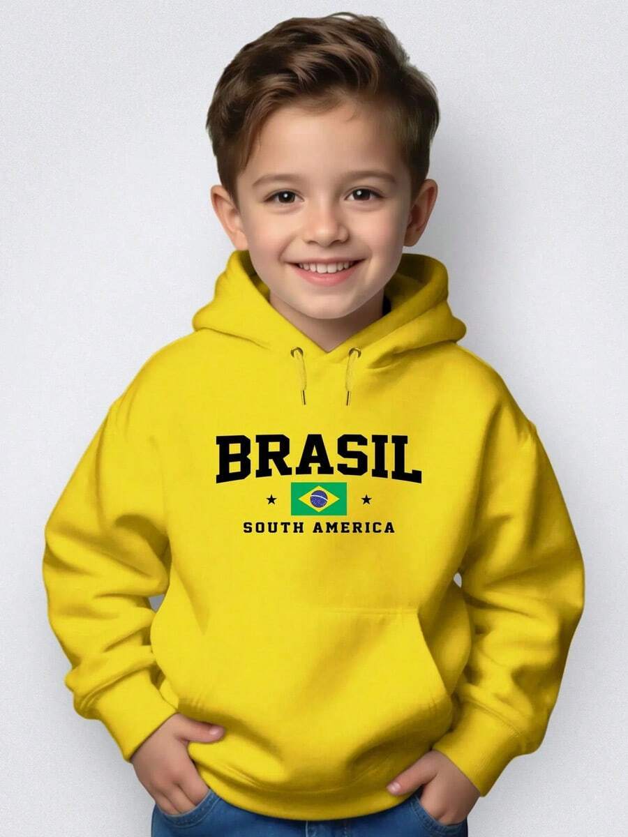 Kids' Kangaroo Hoodie Sweatshirt For Winter, Brazil, South Am, School, Shopping, Leisure, Boys And Girls, Premium Thermal, Comfortable Clothing - 黃色 - 查看 1
