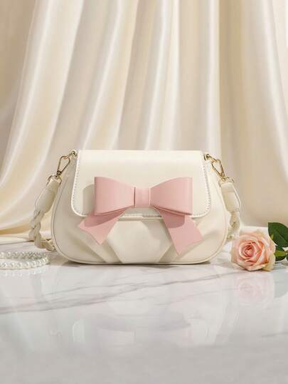 纯色女士单肩包，可爱时尚蝴蝶结装饰PU斜挎包，适合送礼、日常通勤、上学，迷你手机袋，褶皱设计