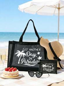 Large Mesh Beach Tote Bag Set For Women, Printed With "Just Another Day In Paradise" Letter Pattern, Mesh Tote Bag + Small Pouch + Straw Sun Hat + Heart Sunglasses, Mesh Beach Bag, Personalized Gift Bag, Mesh Cosmetic Bag, Swimming Beach Bag, Reusable Lightweight And Durable Shoulder Bag, Multifunctional Travel Handbag - Multicolor - View 2