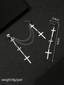男士不锈钢多十字吊坠不对称耳环一对 - 銀色 - 查看 4