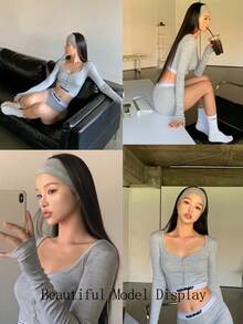 女士头戴式假发，长直合成假发，可拆卸半头戴式假发 - 彩色 - 查看 6