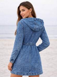 Denim Jacket With Hood, Denim Jacket With Drawstring Waist, Button Closure, 2 Pockets, Buttoned Cuffs, Straight Cut, Mid-Thigh Length, Casual, Spring/Summer - Blue - View 2