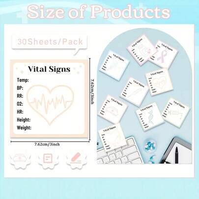12Pcs/360 Sheets Vital Signs Sticky Notes-Self-Adhesive Medical Record Stickers, Physical Examination Notes, Featuring Heart Rate, Blood Pressure, Blood Oxygen Saturation, Body Temperature, Height, And Weight Information