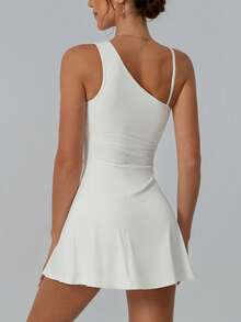 NcmRyu 女士连体不对称肩带侧开衩户外健身跑步瑜伽舞蹈网球高尔夫训练服 - 白色 - 查看 5