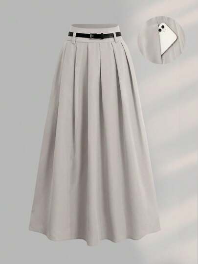 女式高腰长款褶皱裙