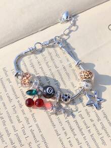 1件豹纹、樱桃、星星吊坠手链、星星女孩手链、豹纹手链、黑色8号球豹纹手链、星星DIY手链 - 銀色 - 查看 7