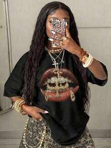 Women's Loose Graphic T-Shirt, Lips & Cross Print, Rhinestone Teeth Grillz, Y2K Hip-Hop Streetwear, Soft Breathable Fabric Casual Summer Top - Black - View 1