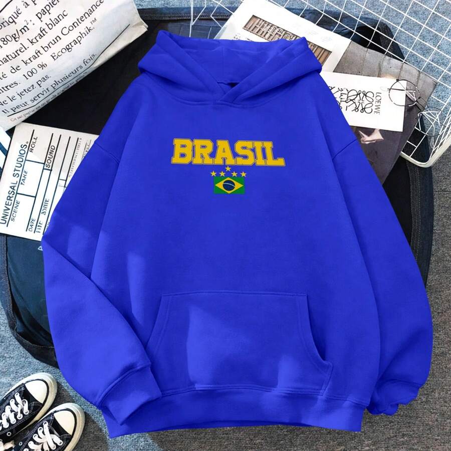 Women's Kangaroo Style Fleece Sweatshirt With Brazil Champion Print, Comfortable Cotton With Pocket, Warm, World Cup Style - 藍色 - 查看 1