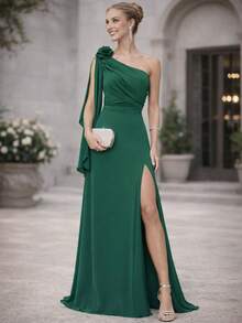 Bridesmaid Dress For Party Guests Reception Graduation Without Shine Cape Sleeve In Fluity Cpom Flower Brooch - 翠綠色 - 查看 1