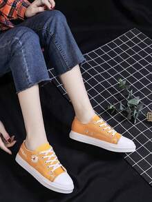 新款女士帆布鞋，黄色低帮休闲运动鞋，轻便百搭平底鞋，适合休闲、日常穿着，学生适用 - 黃色 - 查看 2