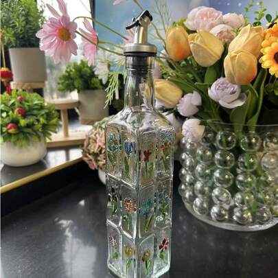 1pc/2pcs Vintage Oil Bottle, Glass Vinegar Bottle, Kitchen Condiment Bottle, Soy Sauce Bottle, Square Vintage Hand-Painted Embossed Exquisite Oil Bottle, Housewarming Gift, Small Gift For Visiting Friends