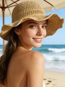 1 女士时尚草帽，户外沙滩遮阳帽，编织渔夫帽，夏季沙滩度假遮阳帽，可折叠大檐遮阳帽 - 彩色 - 查看 2