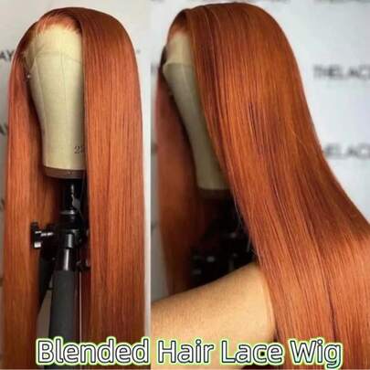 Tóc giả ren phía trước màu cam gừng dài, kiểu 13*4, màu đỏ đồng, không cần keo dán, đã được tỉa sẵn.