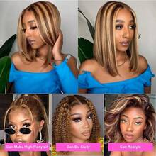 Uveous 250% Bob Wig Human Hair Highlight Ombre 13x4 Lace Front Wigs 4/27 Honey Blonde Short Straight Bob Wigs Human Hair Pre Plucked With Baby Hair Short Bob Wigs For Women - S4/27 - 查看 4