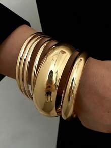 Bộ 6 vòng tay kim loại bản rộng kiểu dáng cổ điển sang trọng, thiết kế hình học, thích hợp cho nữ, dùng hàng ngày, dự tiệc, du lịch, hẹn hò, đám cưới, họp mặt, là lựa chọn quà tặng hoàn hảo. - Vàng - Xem 1