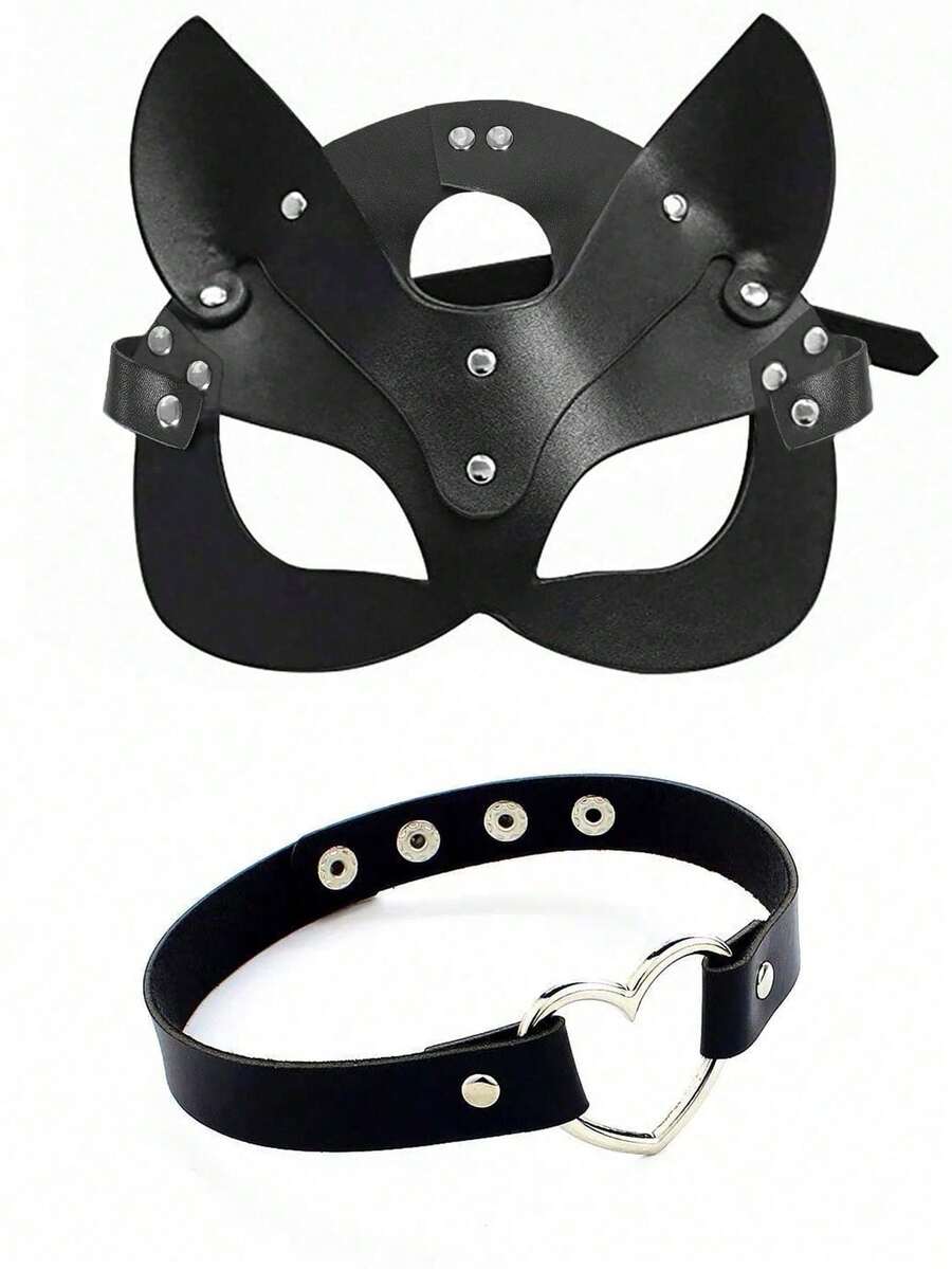 1/2件装女士皮革狐狸半面具和心形颈环，角色扮演节日装饰道具内衣配饰 - 黑色 - 查看 1