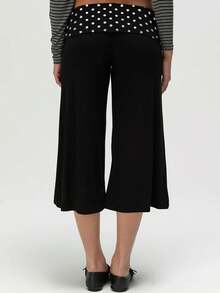 Women Fold Over Low Rise Lounge Capris Pants Casual Wide Leg Cropped Flowy Gaucho Pants Comfy Foldover Waist Yoga Coluttes Pajama Bottoms Summer Beach Palazzo Pants - 波點黑色 - 查看 3