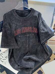 Vintage Oversized Black Marled Los Angeles Letter Graphic Short Sleeve T-Shirt, Gift, For Going Out Anti-Wrinkle Cotton T-Shirt - 黑色 - 查看 6