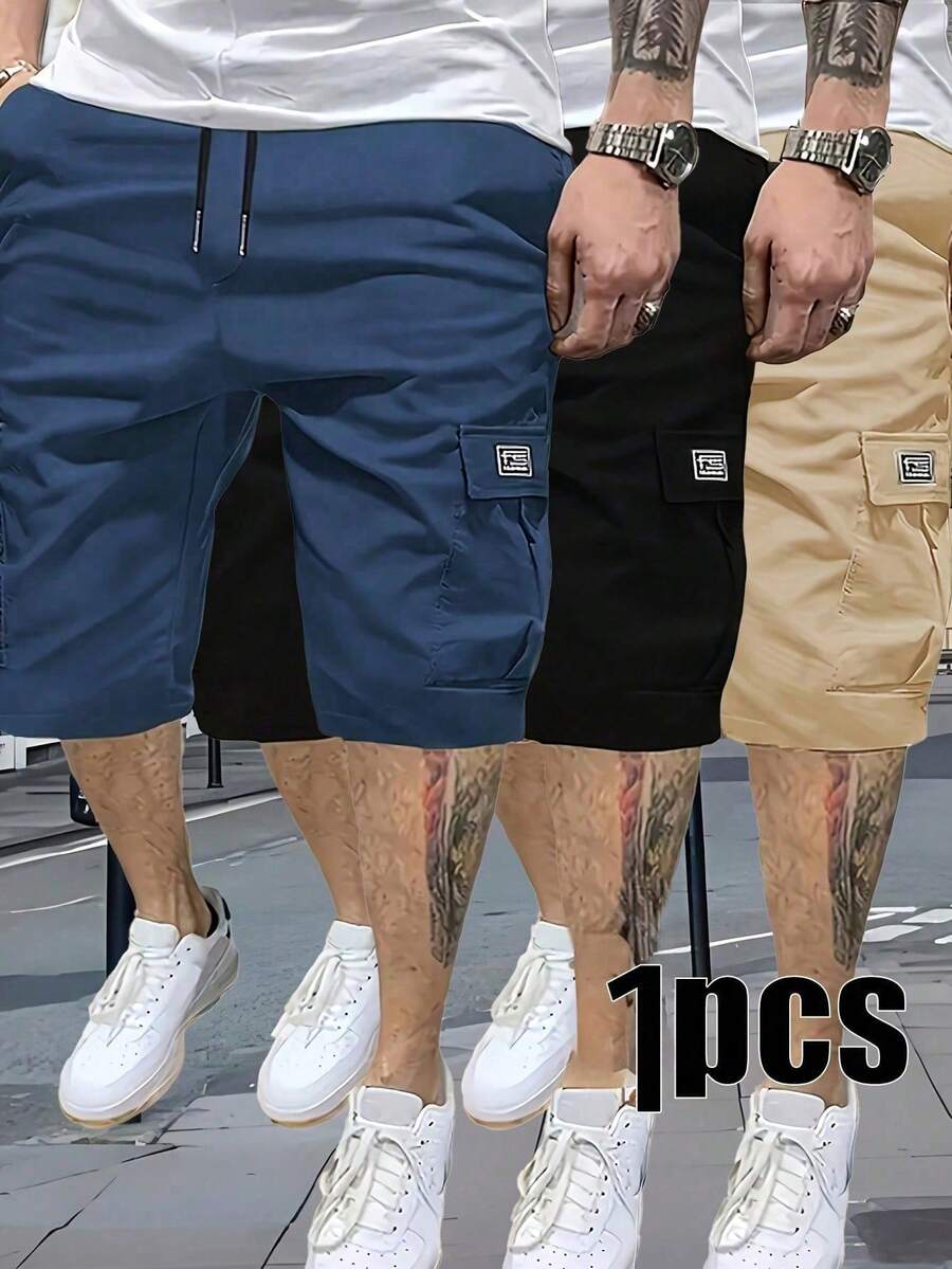 1件男士夏季輕便休閒工裝短褲，戶外運動褲，梭織布料，彈性腰帶附抽繩，5英吋長