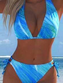 European And American Fashion Backless Bikini 2 Pieces Set Pink Gradient Colorful Print Swimsuit Summer Beach Essential - Blue - View 5