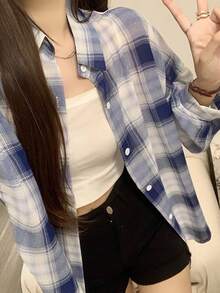 女士格子衬衫，夏季新款休闲宽松上衣 - 淺藍色 - 查看 2