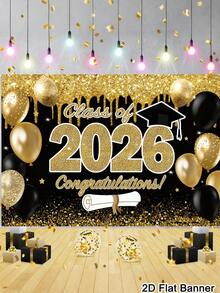 1件毕业横幅背景，2026届毕业祝贺图案背景布，黑金背景布，室内外墙面装饰，2026届高中大学毕业派对用品，房间家居装饰 - 001 - 查看 2