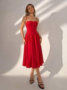 女士红色无袖吊带派对连衣裙，修身剪裁，A字中长裙摆，后背拉链，优雅复古时尚风格，适合晚宴、约会、正式晚宴、购物、休闲聚会、夏季度假、春季日常穿着、毕业典礼等场合。 - 紅色 - 查看 9